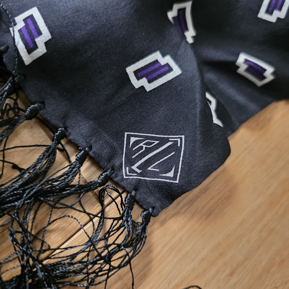Ralph Lauren Black Purple Silk Scarf with White Print Fringe - Picture 3 of 8